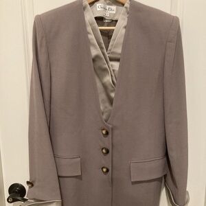 Vintage Christian Dior Women's Suit Size 12 Taupe Jacket, Skirt, Blouse, Cuffs